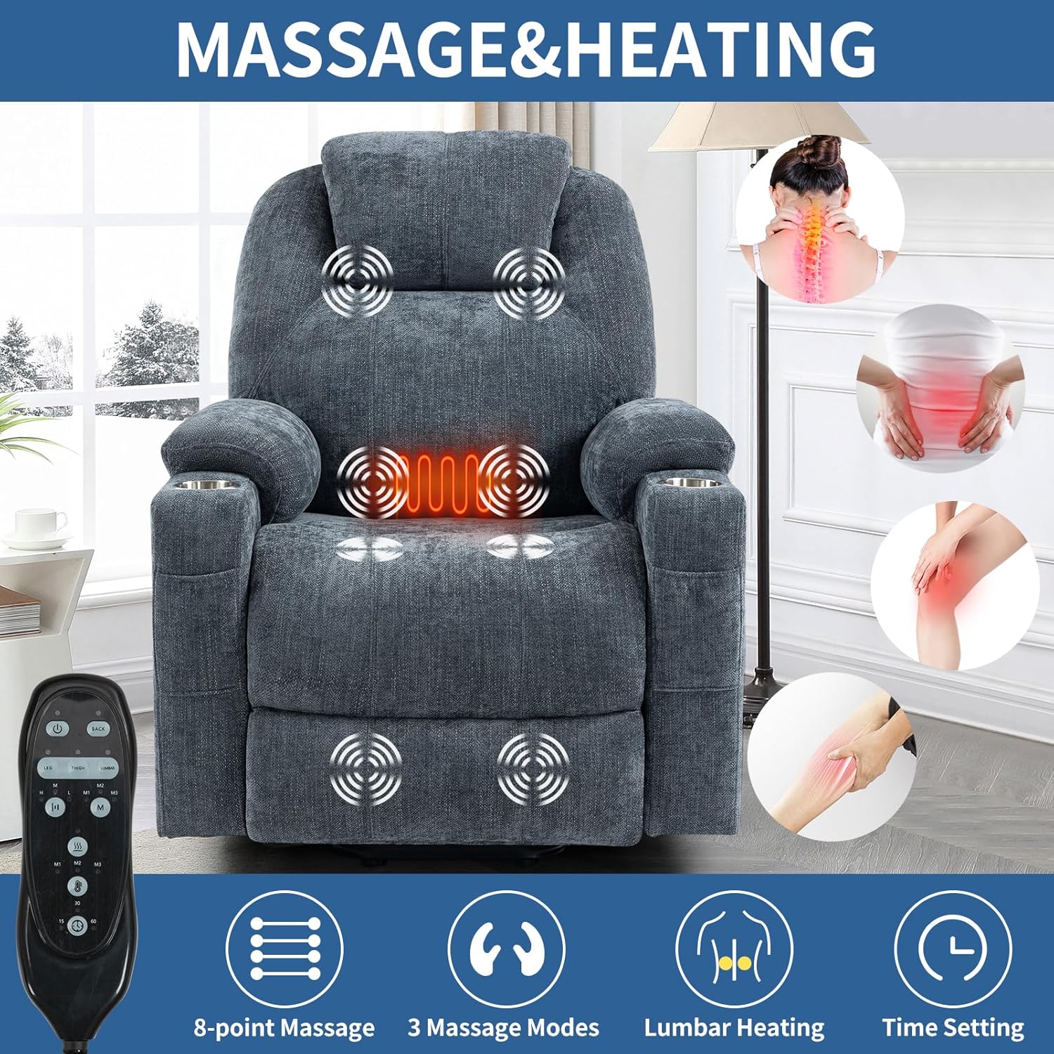 Chenille Power Lift Recliner Chair,Heavy Duty Motion Mechanism with 8-Point Vibration/3 Modes Massage/Lumbar Heating/USB/Type-C Ports/Stainless Steel Cup Holders,for Elderly,Blue, 35.43" D