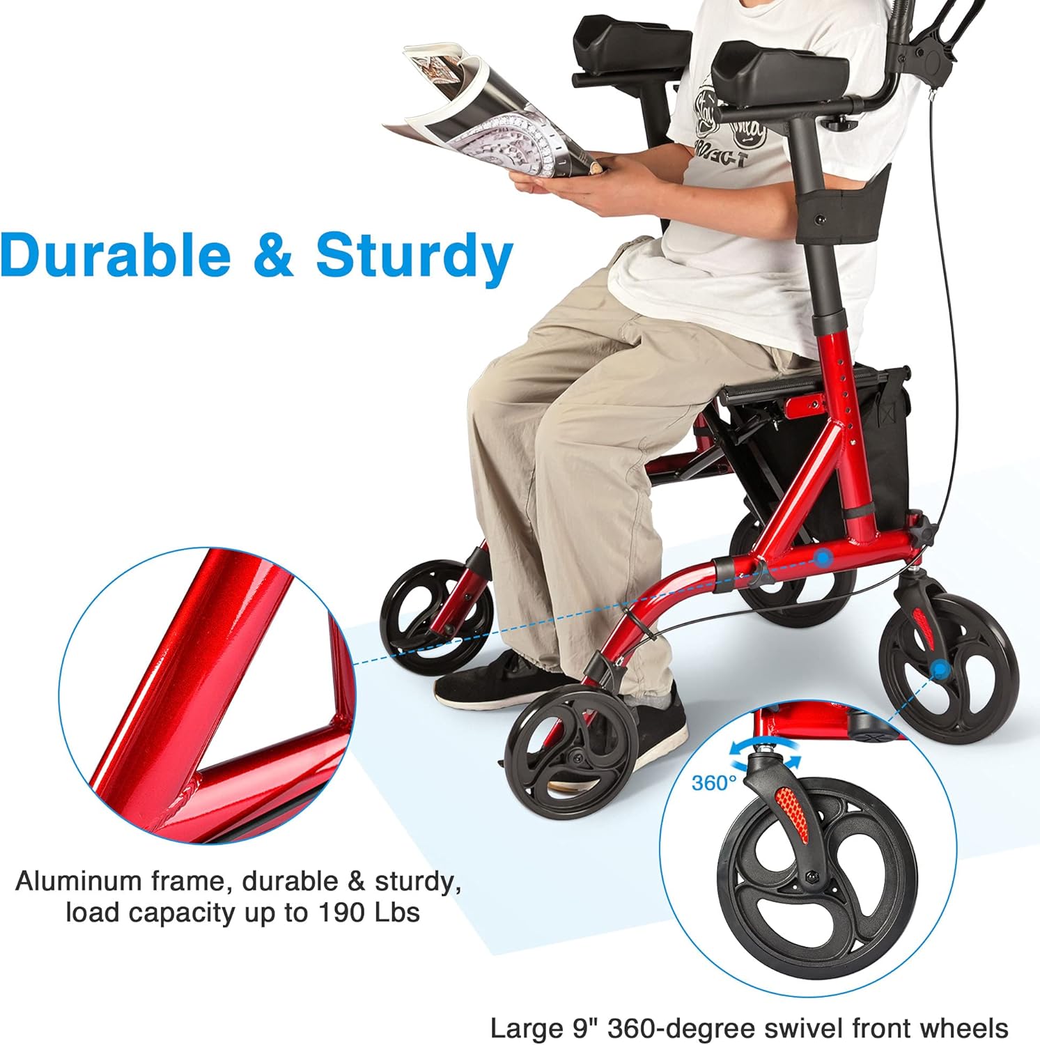 AW Stand Up Folding Rollator Upright Rollator Walker Armrest Walker 300 Lbs 4 Wheels Seat Padded Lightweight