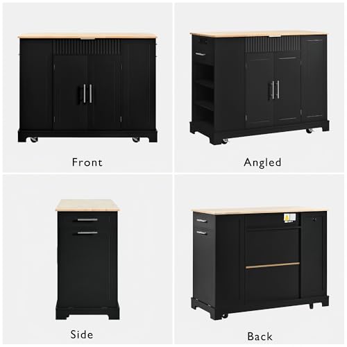 60" Kitchen Island with Drop Leaf and Power Outlet, Rolling Kitchen Cart on Wheels with Trash Can Storage Cabinet, Spice Rack, Towel Rack and Adjustable Shelf for Dining Room
