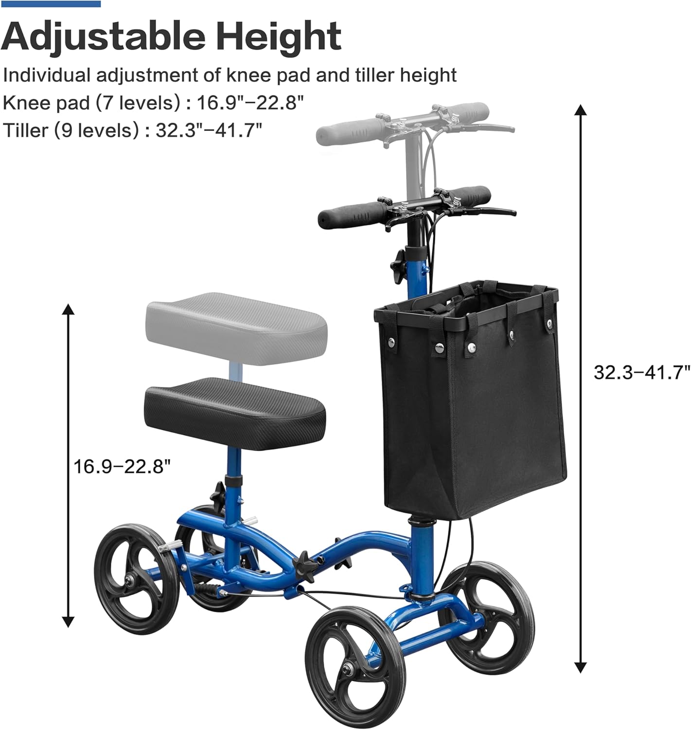 All Terrain Steerable Knee Scooter Deluxe Medical Scooter for Adults for Foot Injuries, Foldable Knee Walker Leg Crutch Alternative, 8" Solid Wheel, Blue
