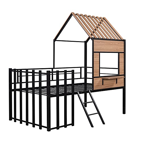 Harper & Bright Designs Kids House Beds Low Loft Bed Frame with Roof, Window, Guardrail and Ladder, Metal Twin Size Loft Bed for Kids Teens Girls Boys (Twin, White)