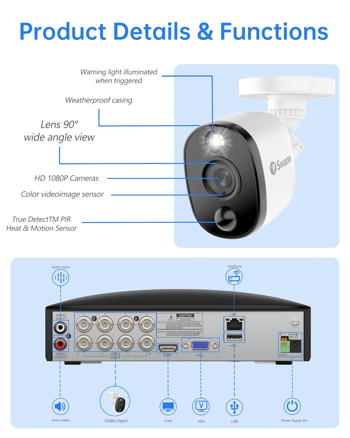 Swann Home DVR Security Camera System with 1TB HDD, 8 Channel 4 Camera, 1080p Full HD Video, Indoor or Outdoor Wired Surveillance CCTV, Color Night Vision, Heat Motion Detection, LED Lights, 845804