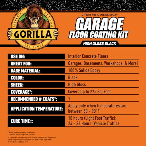 Gorilla Epoxy Garage Floor Coating (7 pc) Kit, 1-Car, Concrete Flooring, 100% Solids, Superior Adhesion, Incredibly Durable High Gloss Gray Finish, 275 sq. ft. Coverage