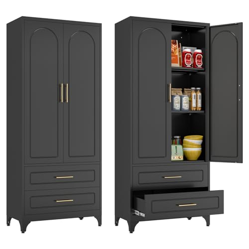 Metal Storage Cabinet with Doors and Shelves, 71 Inch Tall Kitchen Pantry Cabinet, Pantry Cabinets for Kitchen Storage, Freestanding Cupboard for Living, Dining Room, White, Assembly Required
