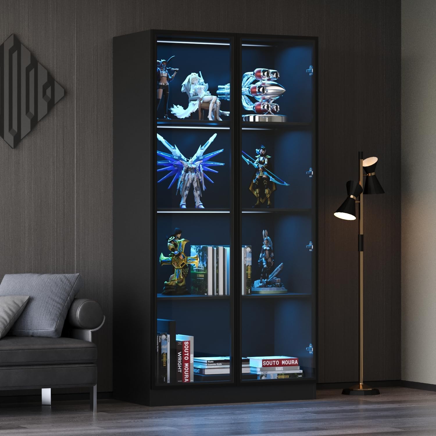 Display Cabinet with Glass Doors & Lights, 4-Tier Storage Cabinet Trophy Curio Display, Lighted Bookcase for Home Office, Black