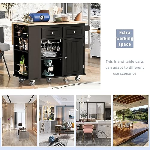 Kitchen Island with Storage, Island Table on Wheels with Drop Leaf, Power Outlet, Large Storage Cabinet, 2 Drawers, Wine Rack, Spice Rack, Portable Trolley Cart for Dining Room (White)