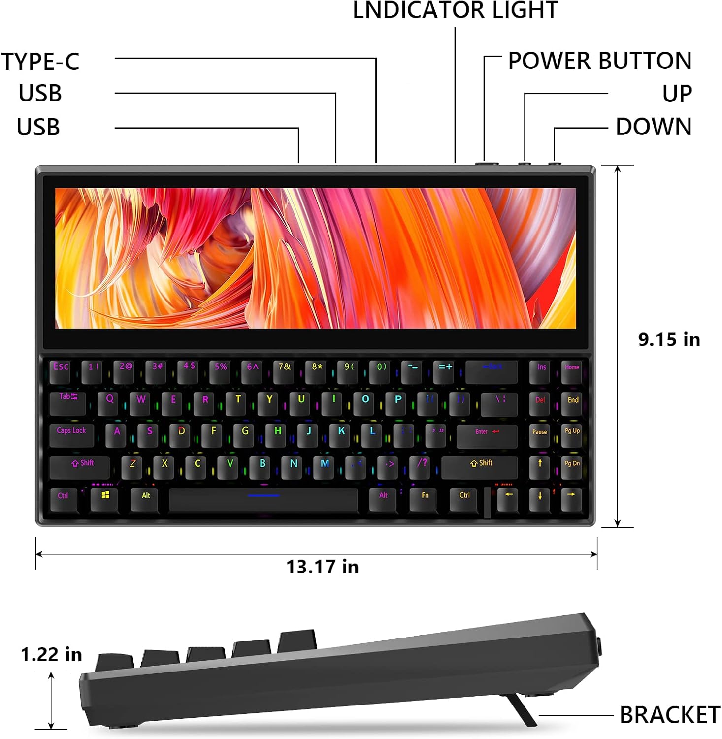 Ficihp Mechanical Keyboard, Built-in 12.6 Inch Touchscreen, Compact 71 Keys RGB LED Backlit N-Key Multifunctional Split Screen Keyboard for Mac Windows Android - Black