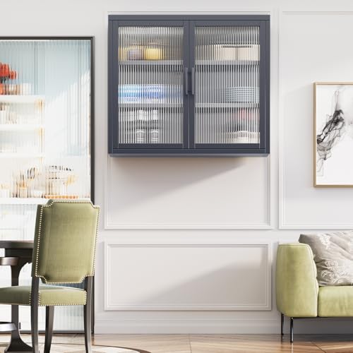 Retro Style Haze Double Glass Door Wall Cabinet with Detachable Shelves for Office, Dining Room,Living Room, Kitchen and Bathroom White