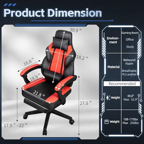 Gaming Chairs for Adults, Computer Chair with Footrest and Ergonomic High Back, Big and Tall Gamer Chairs with Massage Lumbar Support, 360° Swivel Height Adjustable, Blue