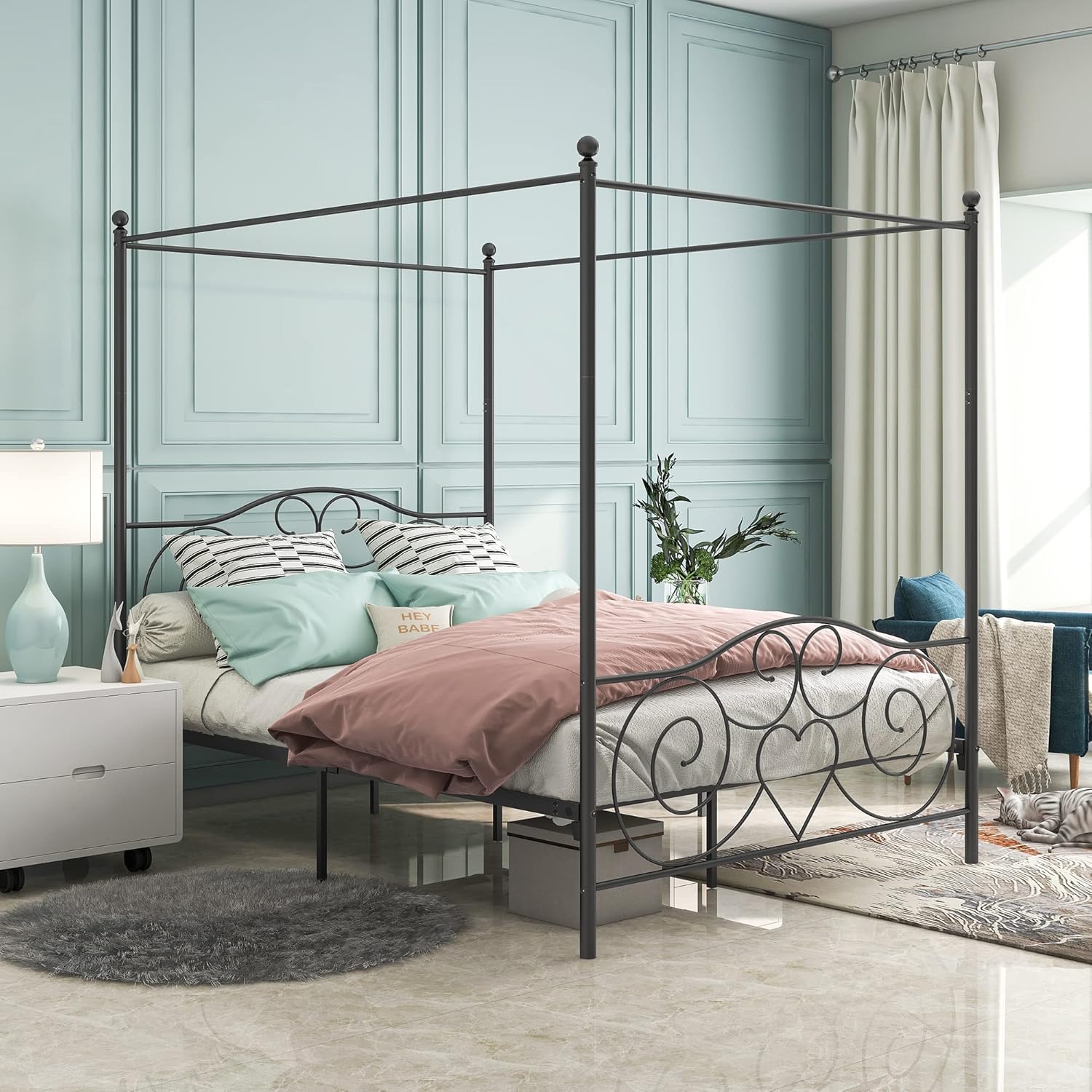 Bed Frame Elegant Metal Canopy Bed Frame with Vintage Style Headboard & Footboard - Easy DIY Assembly Included - Queen Black