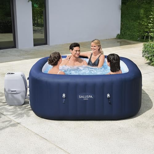 Bestway SaluSpa Hawaii AirJet 4 to 6 Person Inflatable Hot Tub Square Portable Outdoor Spa with 140 AirJets and EnergySense Energy Saving Cover, Blue