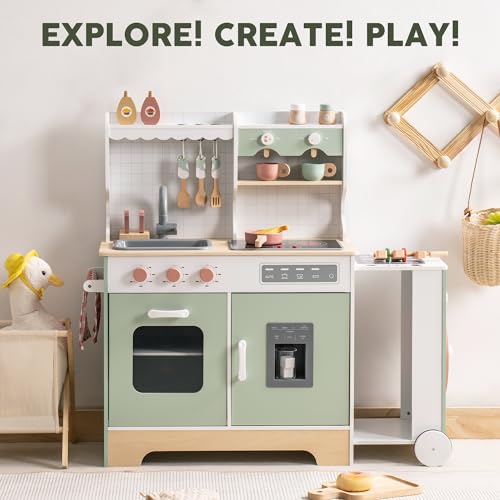 ROBUD Play Kitchen Set, Wooden Play Kitchen with Ice Maker, Fridge, Coffee Machine, Oven, Dishwasher, Microwave, Kitchen Accessories, Toy Kitchen Gift for Boys Girls, 3+