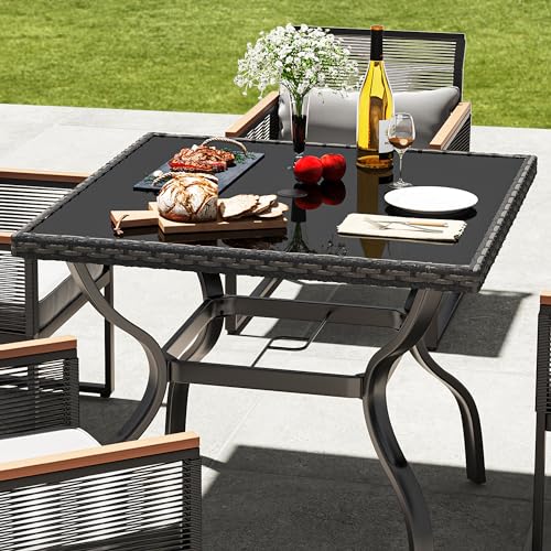 YITAHOME Patio Dining Chairs Set of 4, Outdoor Wicker Furniture Dining Chairs, All-Weather Rattan Conversation Chairs with Wood Armrest and Soft Cushions for Backyard Deck (Black+Light Gray)
