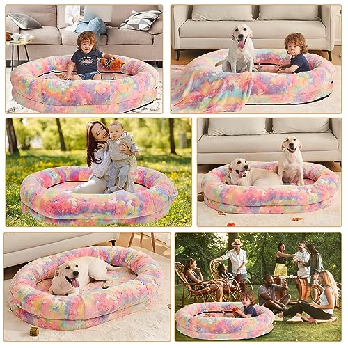 Human Dog Bed,72"x48"x10" Large Gaint Shared Bed for Adult - Flufelbed Standard Cloud Bed for Humans and Dogs - Nap Bed Bean Bag Bed Faux Fur Fluffy Orthopedic Pet Sleeping Bed(Large,Black)