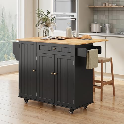 Ahomly Kitchen Island with Storage, Island Table for Kitchen with Drop Leaf, 5 Wheels, Interal Storage Rack, a Drawer, Spicy Rack and Towel Bar, Sufficient Countertop Space and Storage, White