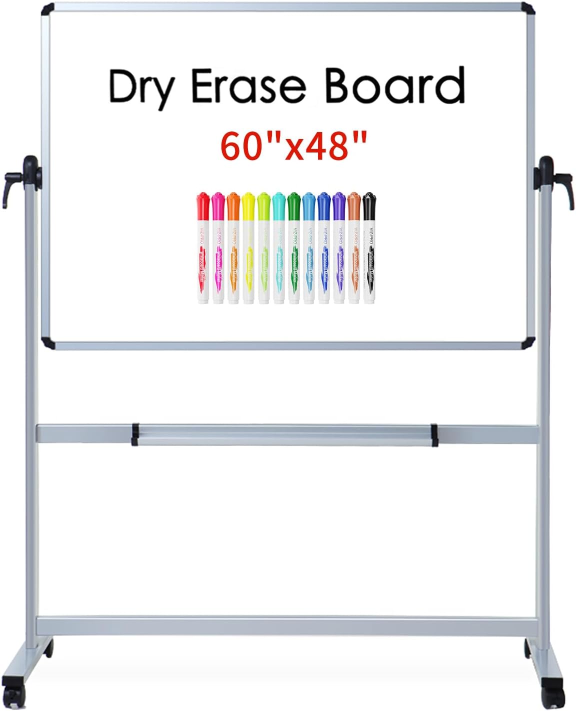 VIZ-PRO Double-Sided Magnetic Mobile Whiteboard 60 x 48 Inches, Aluminium Frame and Stand, with 12 Colors Dry Erase Markers