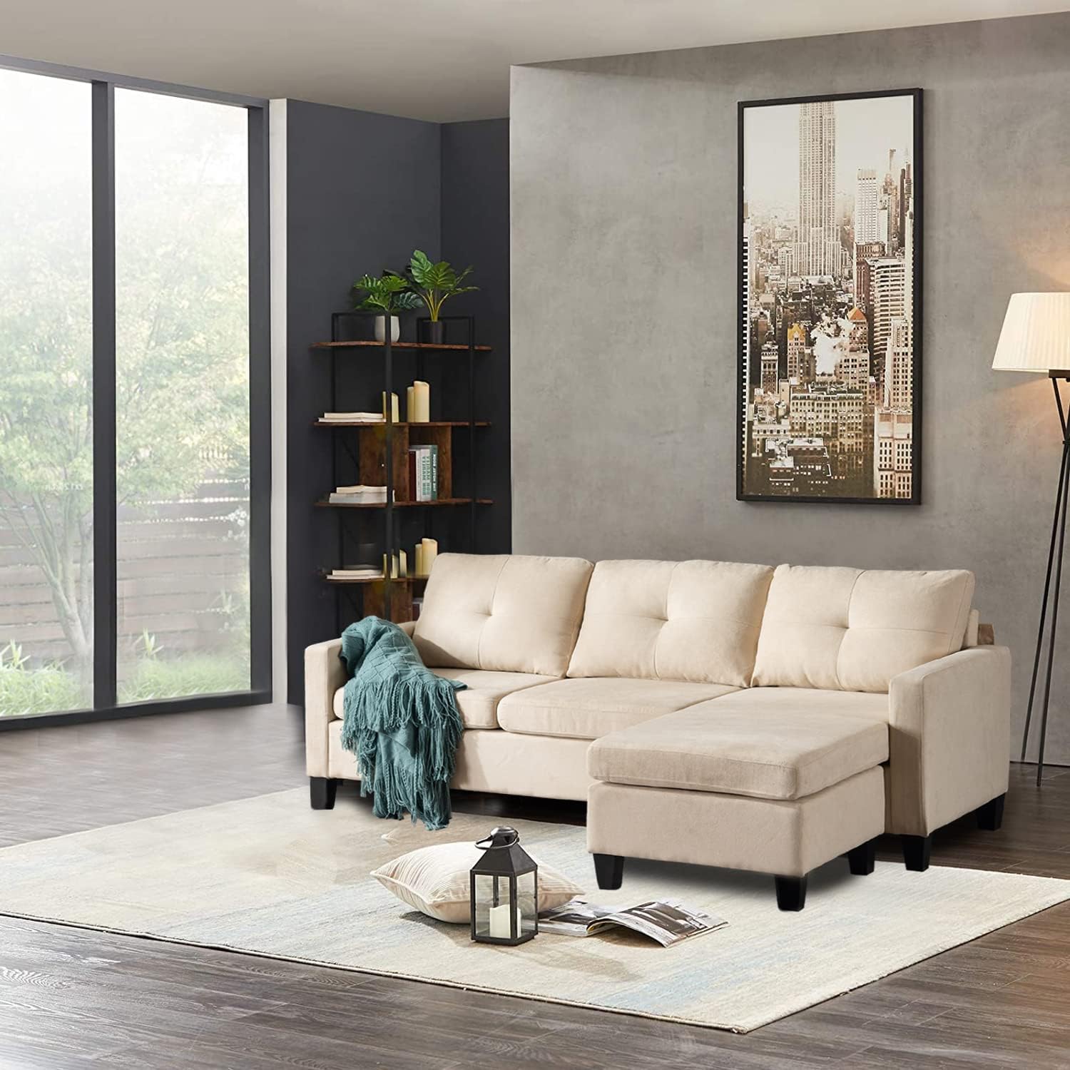 75" Modern Fabric Sofa and Chaise Convertible to Ottoman in Beige Reversible Sectional Sectional Living Room Home Furniture