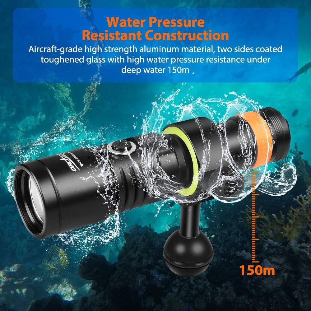 ORCATORCH D530V 1200 Lumen Scuba Diving Video Light 140 Degrees Super Wide Beam Angle, Underwater 150 Meters Diving Photography Light with Safety Lock Function and Battery Power Indicator