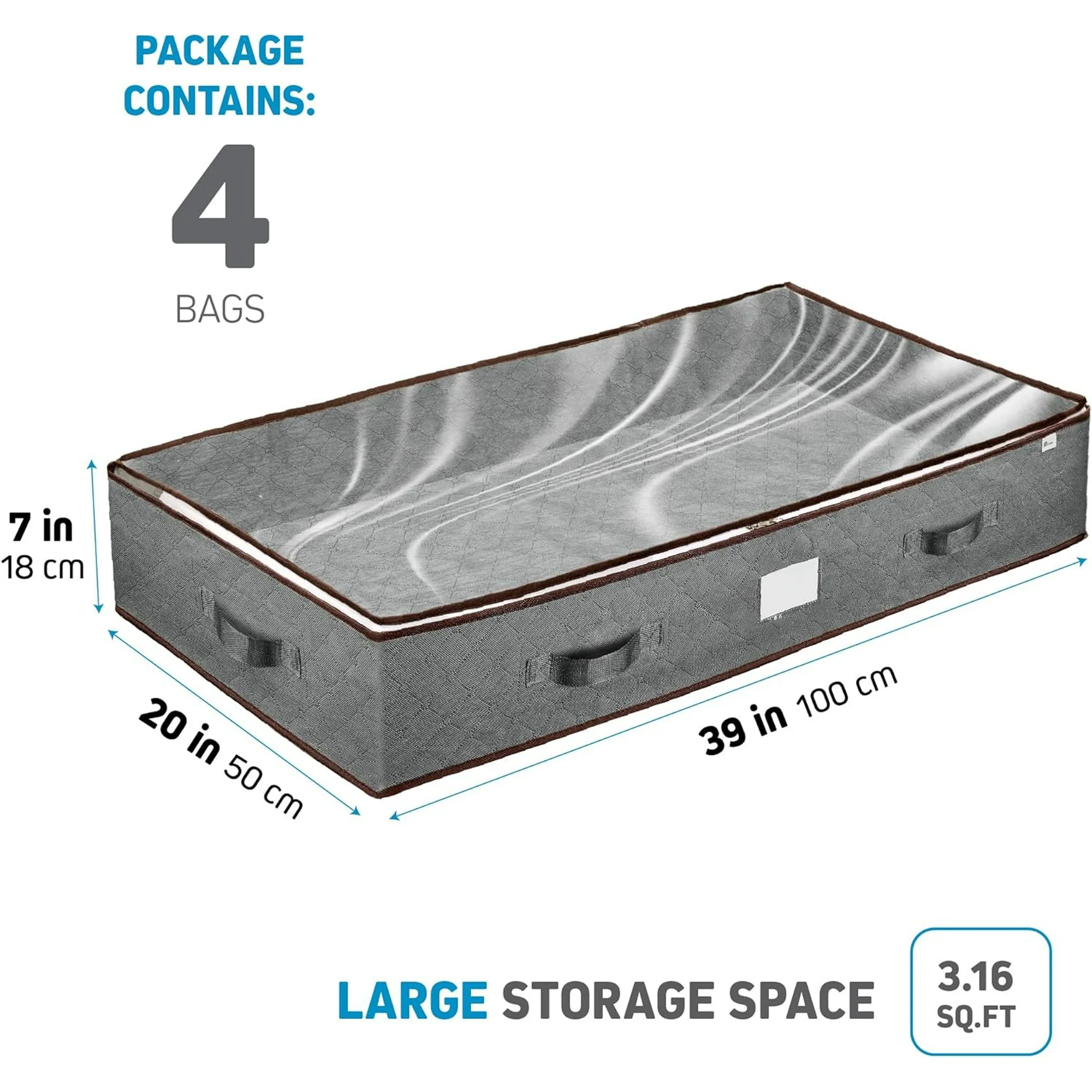 Under Bed Storage Bins - Pack Of 4 Under The Bed Storage Containers For Clothes, Blankets, Winter Clothing, &amp; Shoes - Underbed Storage Containers With Handles, Dual Zippers, &amp; Clear Top