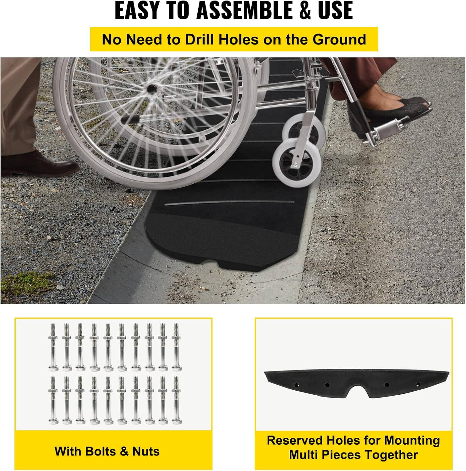 VEVOR Curb Ramp, 5 Pack Rubber Driveway Ramps, Heavy Duty 32000 lbs Weight Capacity Threshold Ramp, 2.6 inch High Curbside Bridge Ramps for Loading Dock Garage Sidewalk, Expandable Full Ramp Set