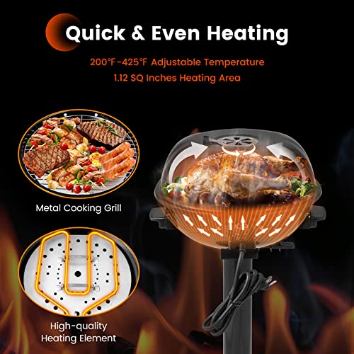 COSTWAY Electric BBQ Grill, Portable Grill with Metal Cooking Grilling Rack, Detachable Temperature Control & Removable Grease Collector, Outdoor Freestanding Grill for Camping &Tailgating