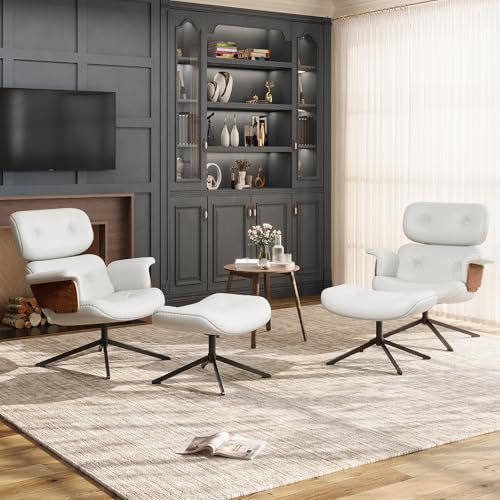 Mid Century Recliner Swivel Chair with Ottoman, Ergonomic Armchair with Comfy Cushion, Walnut Wood Base, PU Leather, Heavy Duty Support for Living Room, Black
