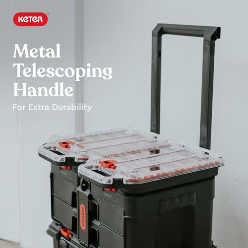 Keter Stack-n-Roll Modular Tools Organizer for Garage Storage and DIY, 3 Piece Resin Rolling Tool Box System for Small Parts, Black