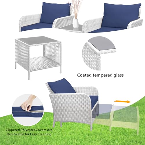LEVELEVE Balcony Furniture 5 Piece Patio Conversation Set, PE Wicker Rattan Outdoor Lounge Chairs with Soft Cushions 2 Ottoman&Glass Table for Porch, Lawn-Brown Wicker