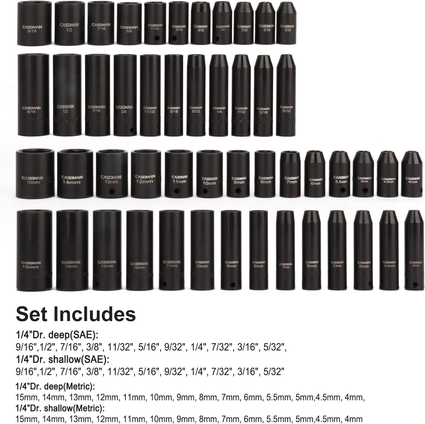 CASOMAN 1/4 Inch Drive Master Impact Socket Set, 50-Piece, 6-Point, SAE/Metric, 5/32 Inch - 9/16 Inch, 4mm - 15mm, Standard/Deep,CR-V