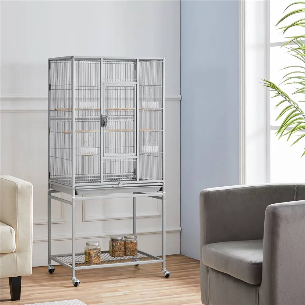 Alden Design 54" Metal Rolling Bird Cage with Detachable Stand, Light Gray - Curated Treasures Market