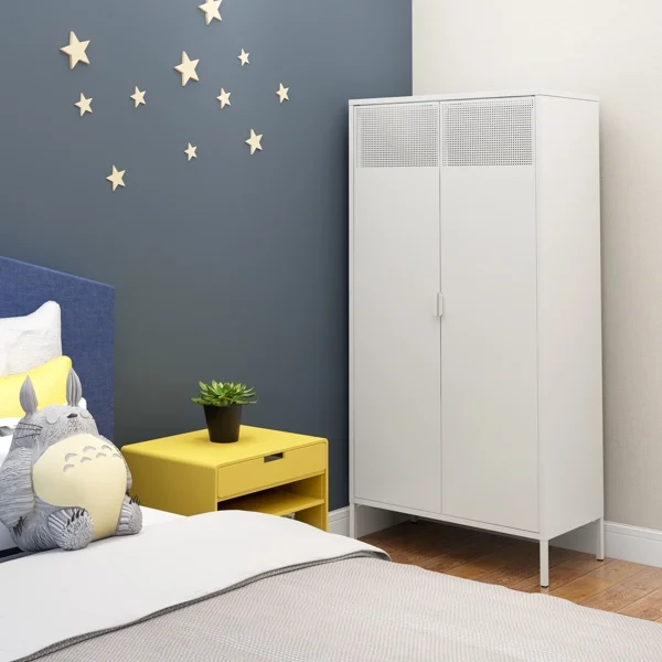 Fithood Metal Wardrobe Cabinet, Armoire Wardrobe Closet with Hanging Rod and Doors, Metal Wardrobe Closet with Adjustable Shelves for Bedroom, File Cabinet for Home, Office, School, Garage, Basement
