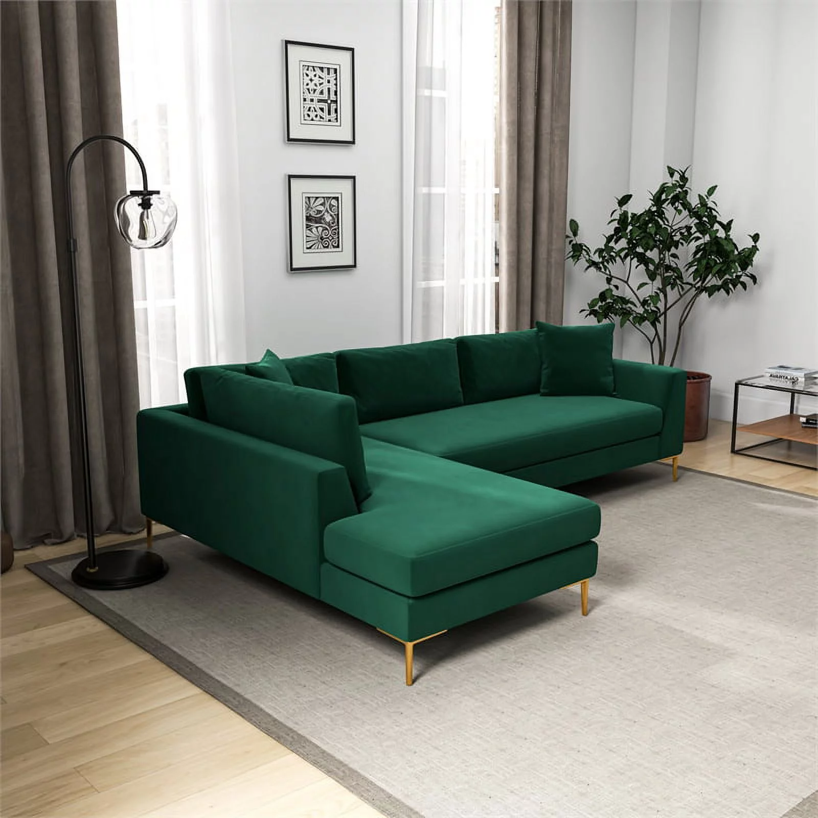 Pemberly Row Mid-Century Velvet L-Shaped Left-Facing Sectional in Green