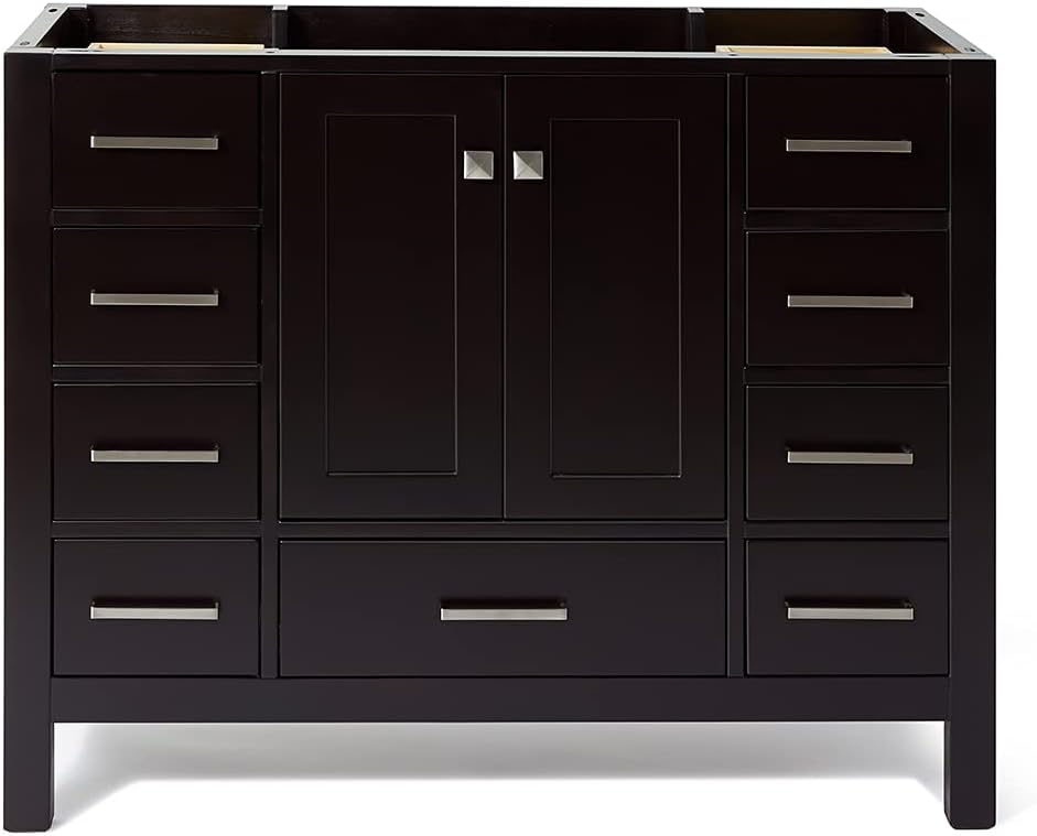 ARIEL 42 inch White Bathroom Vanity Base Cabinet with Single Sink Configuration | 2 Soft Closing Doors and 9 Full Extension Dovetail Drawers | Satin Nickel Hardware | 42 x 21.5 x 34.5