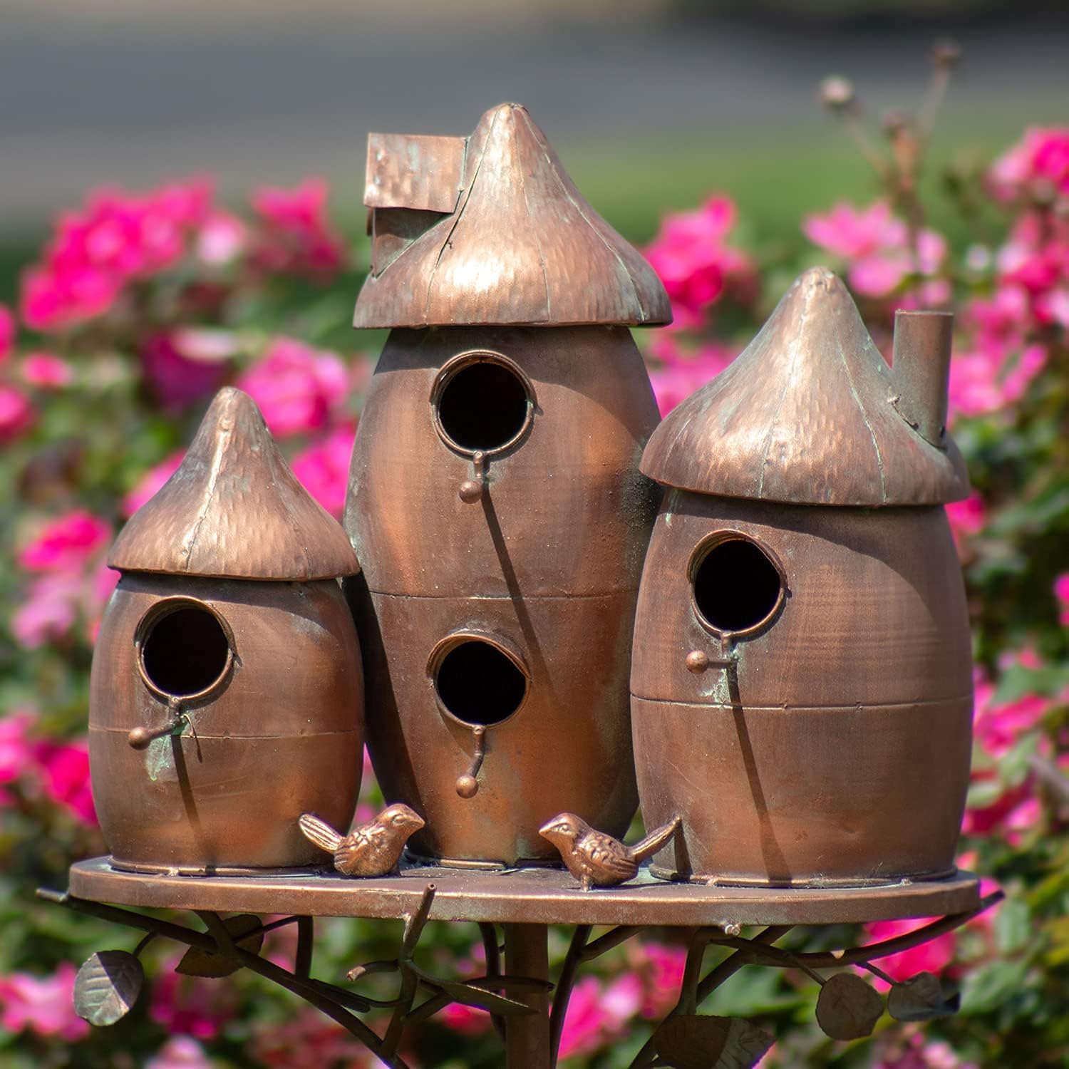 Zaer Ltd. Large Copper Colored Multi-Birdhouse Stakes, Room for 4 Bird Families in Each (Castle Home)