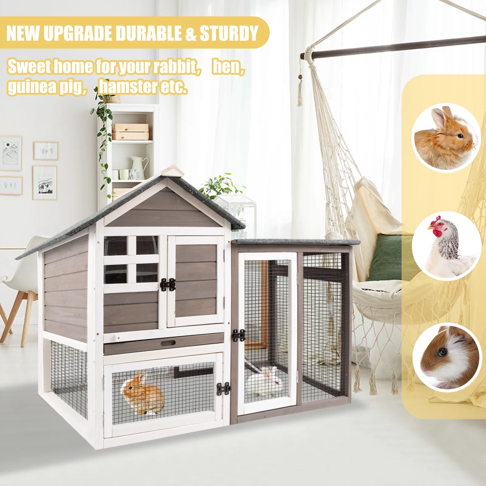 PetsCosset 46.3" Rabbit Hutch Indoor-Outdoor Rabbit Cages with Pull Out Tray Large FirWood Bunny Hutch Waterproof Asphalt Roof,Grey