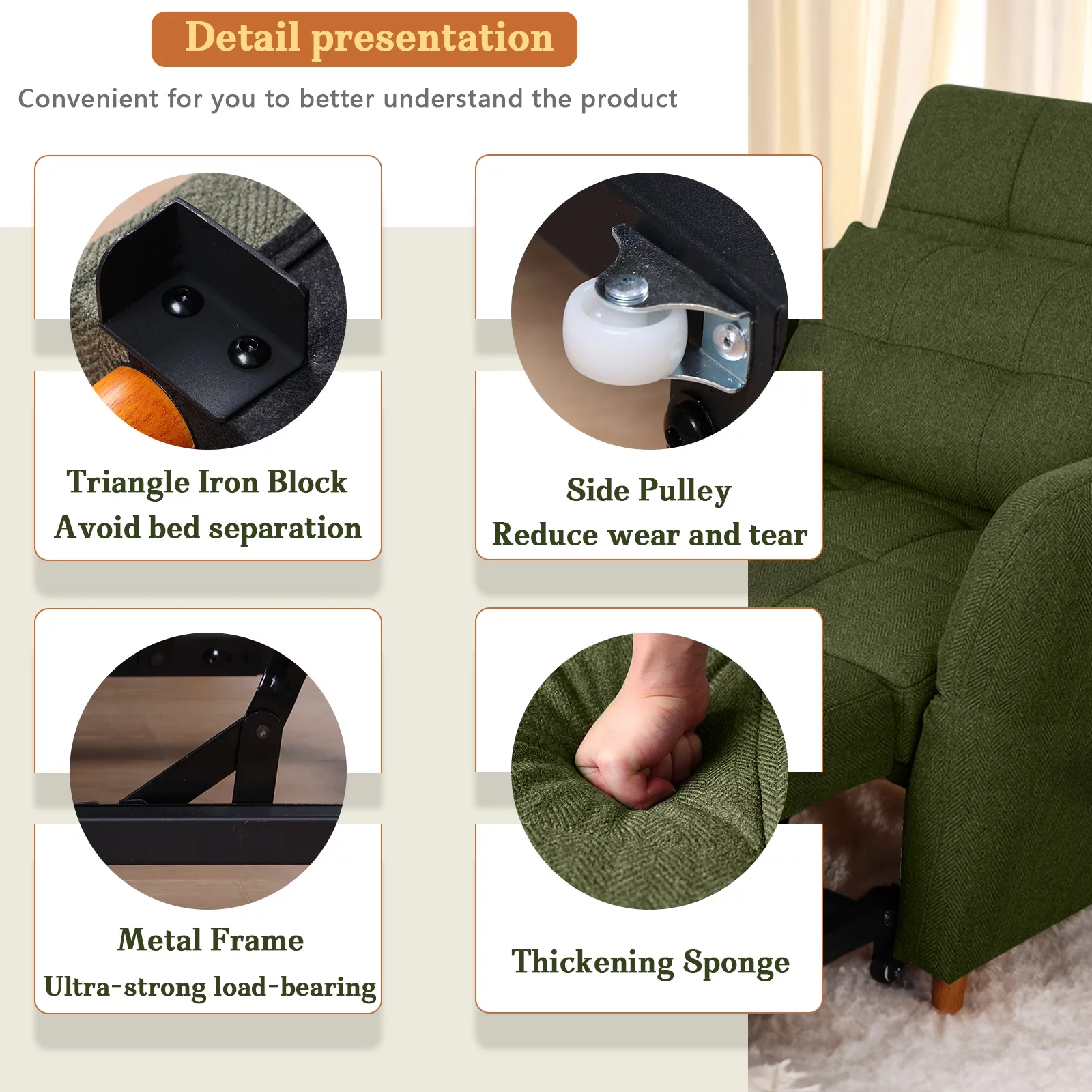 NOBLEMOOD 3-in-1 Sleeper Sofa w/ Adjustable Armrests,Pull Out Convertible Sofa Bed w/ 3 Level Adjustable Backrest & Thickened Pillow for Living Room or Apartment, Green