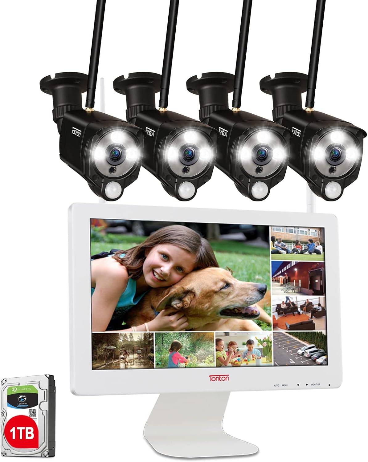 [2K&2 Way Audio&Thermal Detection] Tonton Wireless All-in-One Ultra HD Security Camera System with 16 Inch Monitor, 8CH NVR with 1TB HDD,4PCS 3MP Outdoor Bullet IP Cameras,Plug and Play