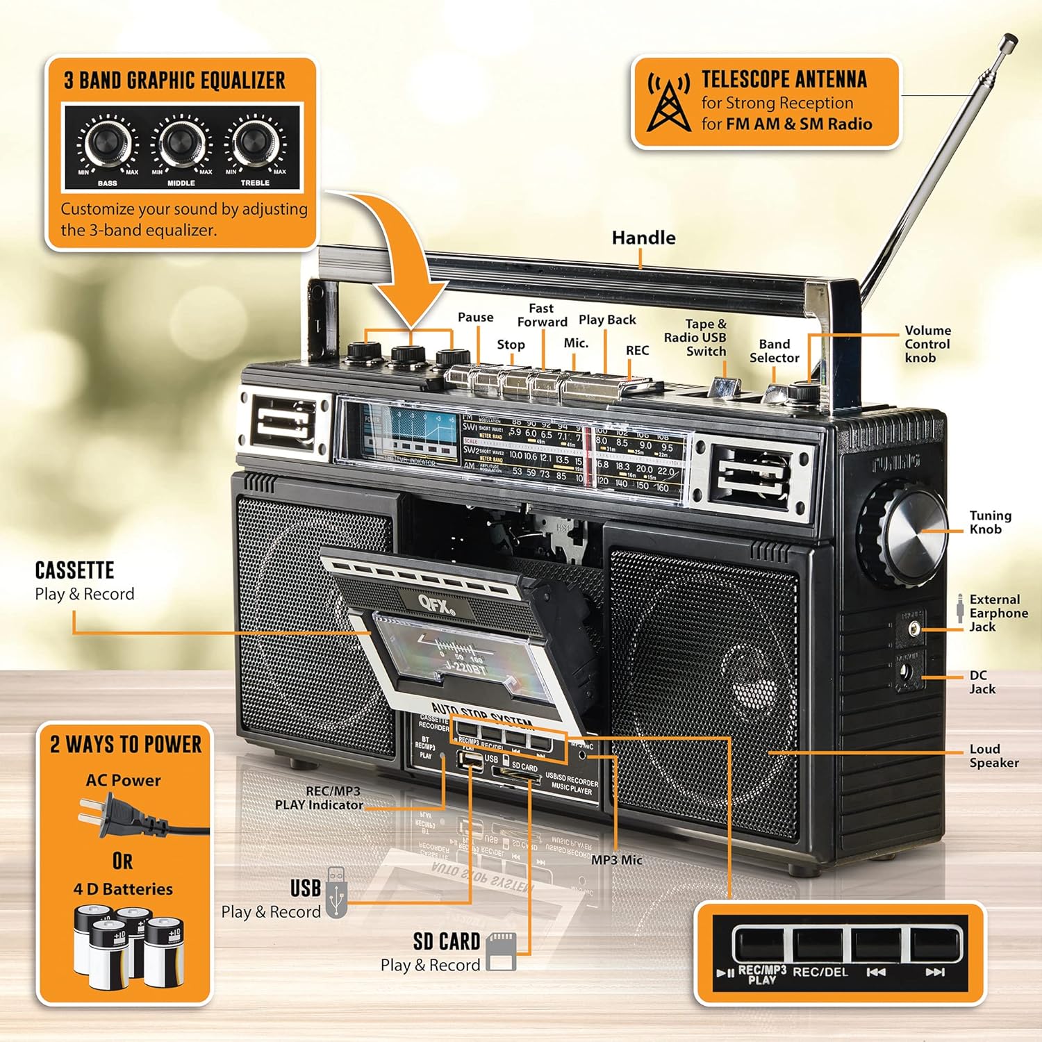 QFX J-220BT ReRun X Cassette Player/Recorder Boombox 4-Band (AM, FM, SW1, SW2) Bluetooth Portable Recording Boombox with Dual 3” Speakers, Built-in Microphone, 3-Band Equalizer Pack of 2