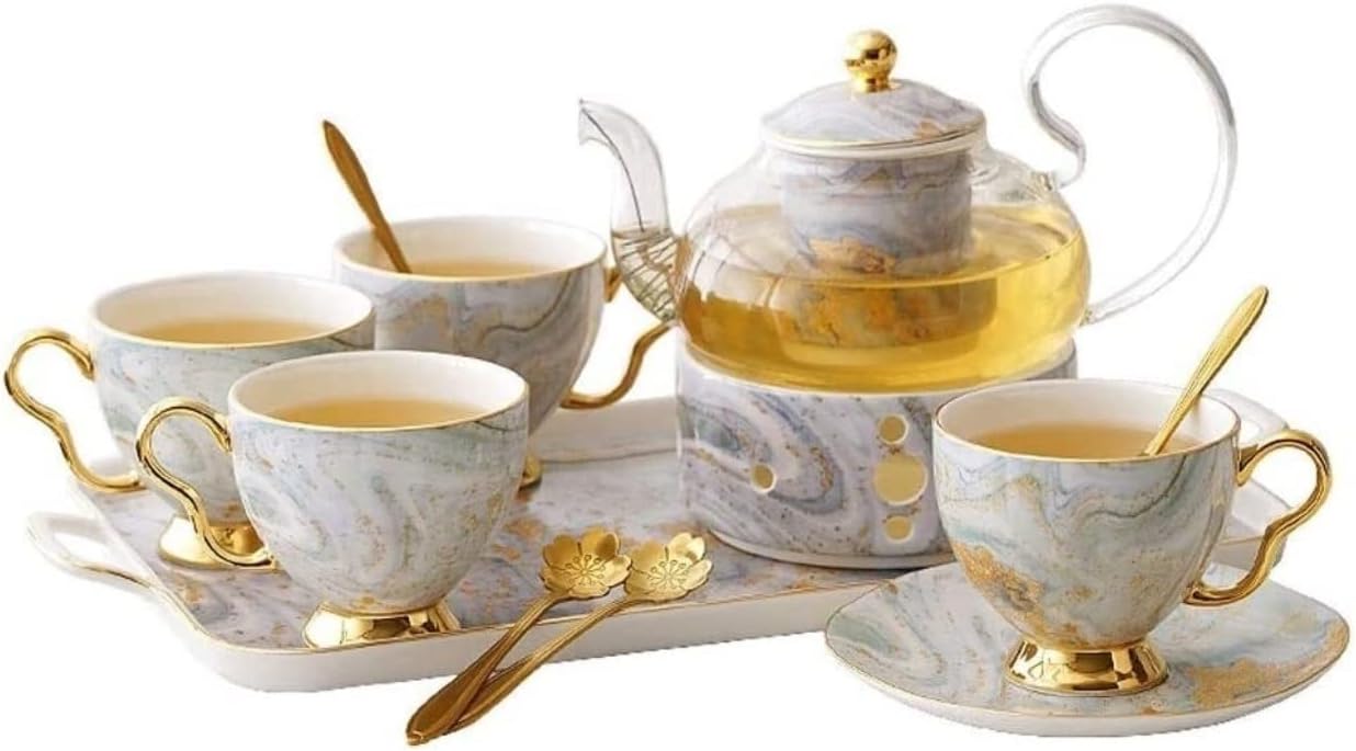Tea Set for Adults 7pcs British Luxury Ceramics Tea Set with Tray Coffee Set Candle Heating Glass Teapot Set Pot Cup Set Coffeeware 600ml Tea Sets with Teapot (A 7 Pieces.)