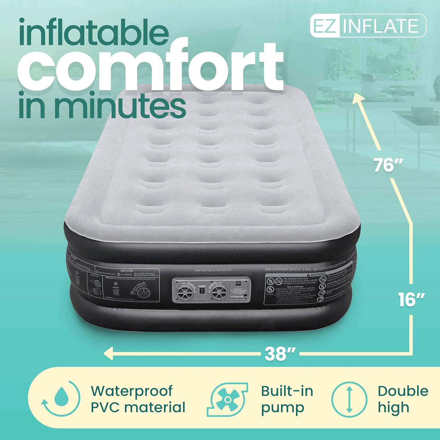 EZ Inflate Air Mattress with Built in Pump - Twin Size Double-High Inflatable Mattress with Flocked Top - Easy Inflate, Waterproof, Portable Blow Up Bed for Camping & Travel