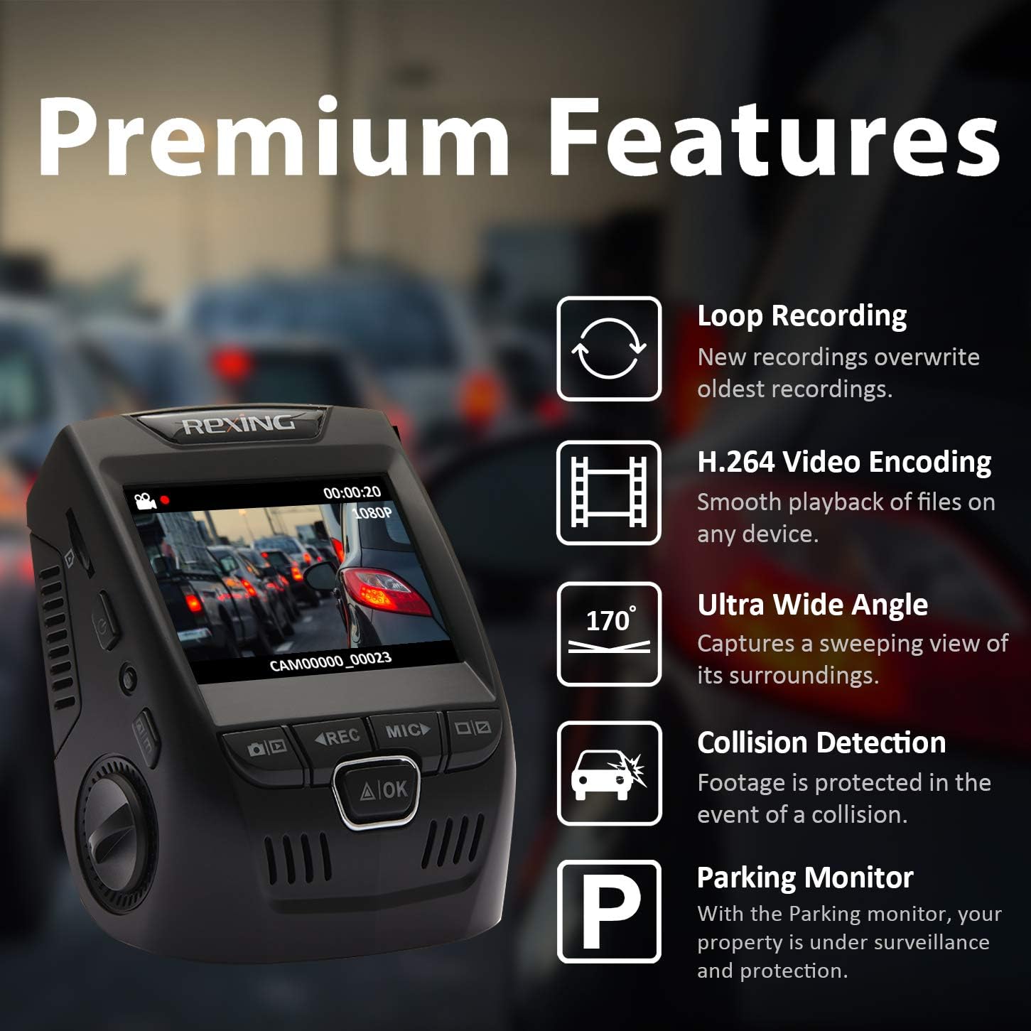 Rexing V1 Basic Dash Cam 1080P FHD DVR Car Driving Recorder, 2.4" LCD Screen 170°Wide Angle, G-Sensor, WDR, Parking Monitor, Loop Recording Pack of 2