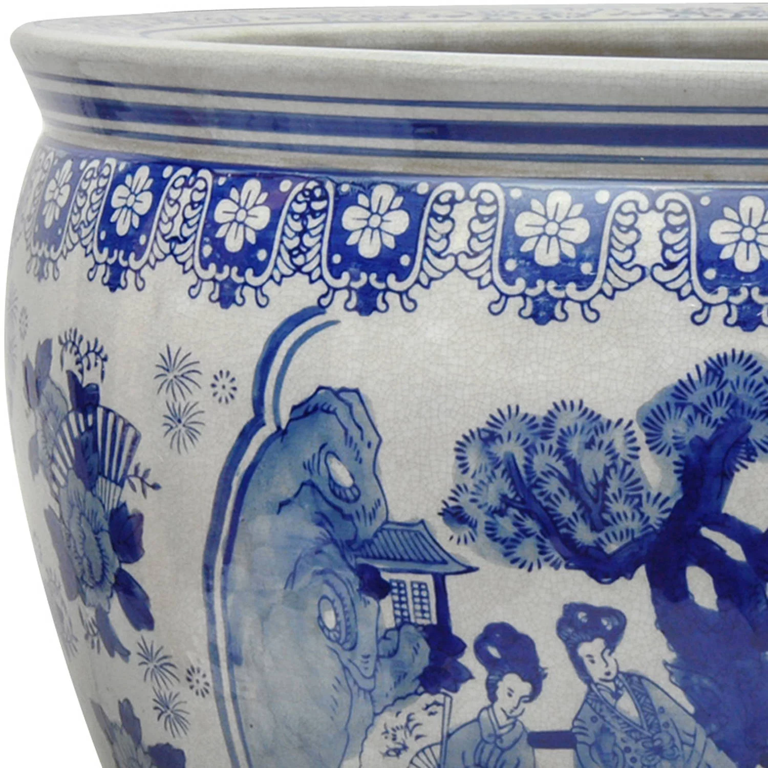 Oriental Furniture 16" Ladies Fishbowl, Blue & White Porcelain