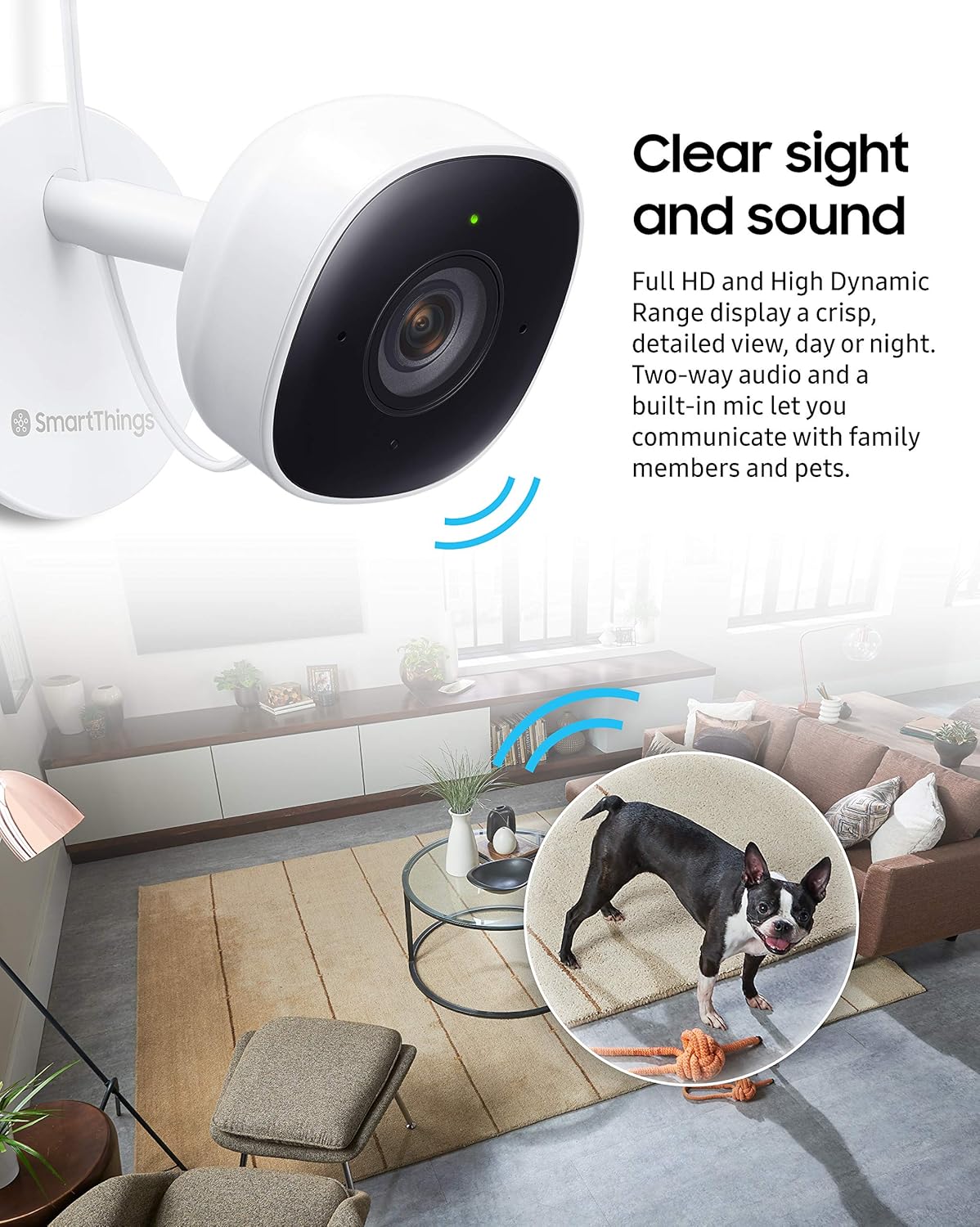 Samsung SmartThings Indoor Security Camera (GP-U999COVLBDA), 1080P HD Video with HDR, Night Vision, Advanced Motion Detection, and Two-Way Audio – Black/White