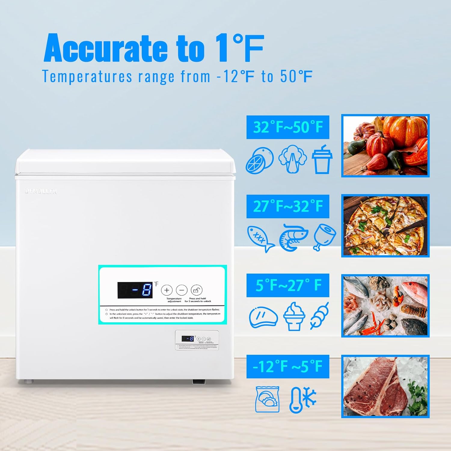 Chest Freezer 5.0 CU.FT Ultra-low Temperature Deep Freezers (Down to -12-50℉) with TWO Removable Baskets Freestanding White Small Mini Compact Fridge Freezer for Home/Kitchen/Office