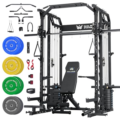 Major Fitness Drone2 Advanced Training Smith Machines– All-in-One Home Gym Squat Rack with Aluminum Pulley Set , Weight Bar, Dual LAT Pull-Down Systems & Cable Crossover Machine for Full-Body Workouts