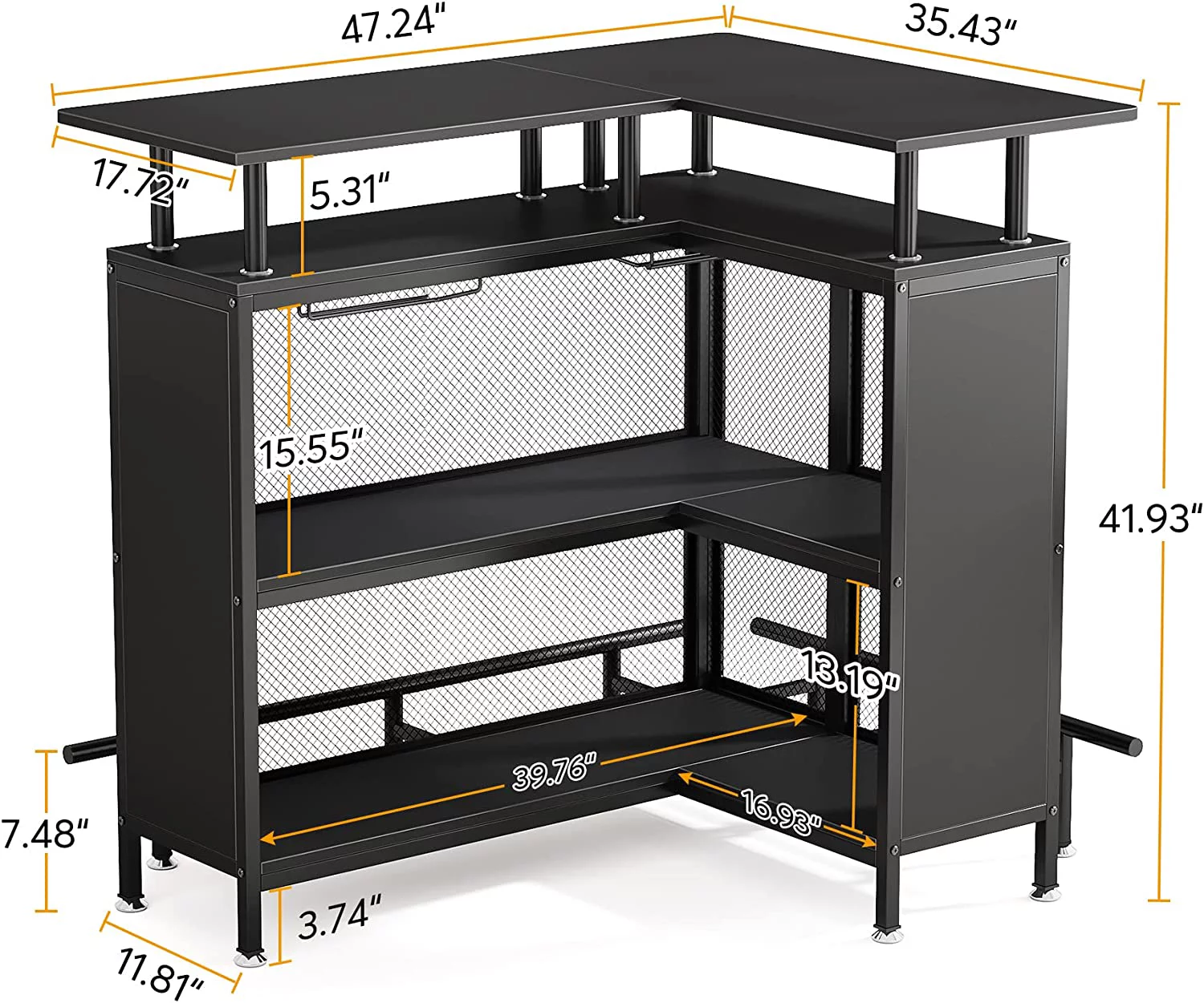 Tribesigns L-Shaped Home Bar Unit, Liquor Bar Table with 4 Stemware Racks and 2-Tier Shelves, Footrest for Home/Kitchen/Bar/Pub, Bar Table, Black