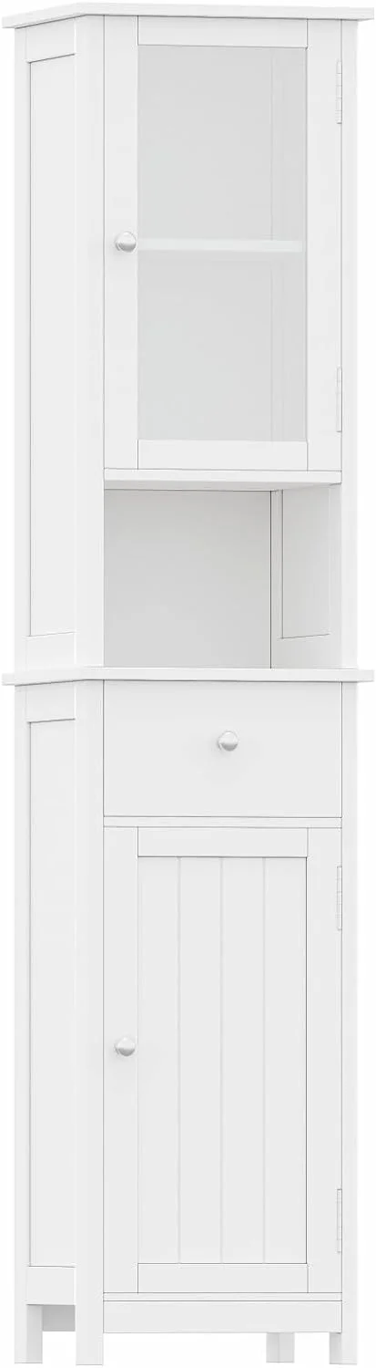 YINCHEN Tall Bathroom Floor Cabinet with Glass Doors, Narrow FreeStanding Storage Cabinet with Adjustable Shelf, Wooden Bathroom Storage Cabinet, Pantry with Drawer, White BMGZ105W