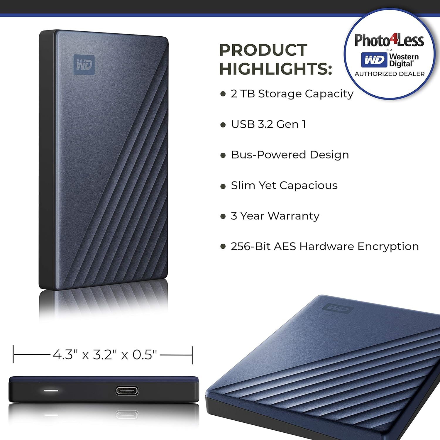 WD 2TB My Passport Ultra USB 3.0 Type-C Slim Portable External Hard Drive (Blue) + Compact Hard Drive Case (Navy Blue)