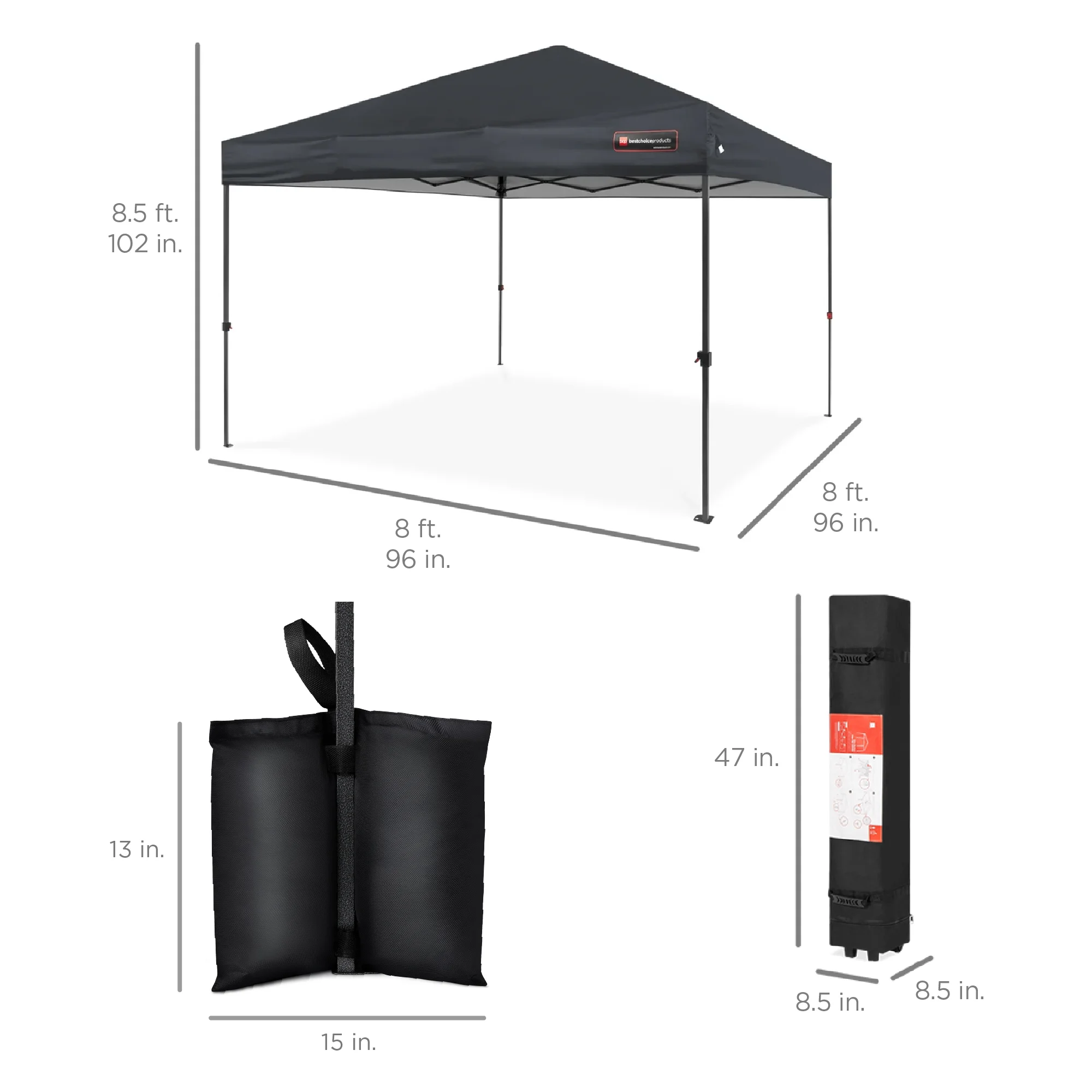 Best Choice Products 8x8ft Easy Setup Pop Up Canopy w/ 1-Button Setup, Wheeled Case, 4 Weight Bags - Gray