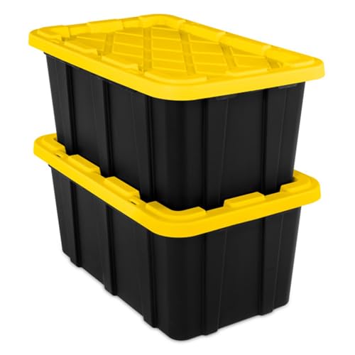 Sterilite 38 Gallon Industrial Stackable Storage Tote Snap-Fit Lidded Home Garage Organization Container with Carrying Handles, 8 Pack, Black/Yellow